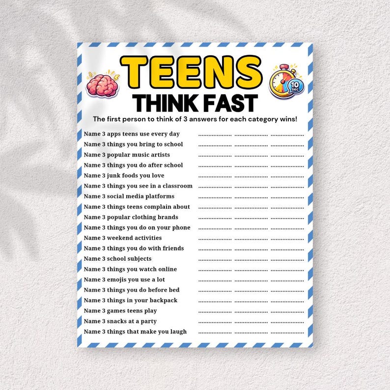 Teens Think Fast Game Printable, Teen Party Game, Quick Thinking
