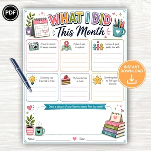 Peut inclure: Une feuille d'activité imprimable intitulée What I Did This Month avec des illustrations colorées incluant un calendrier, un mug avec des stylos, un appareil photo, une épingle de carte, une ampoule, une part de gâteau, une étoile et des livres.