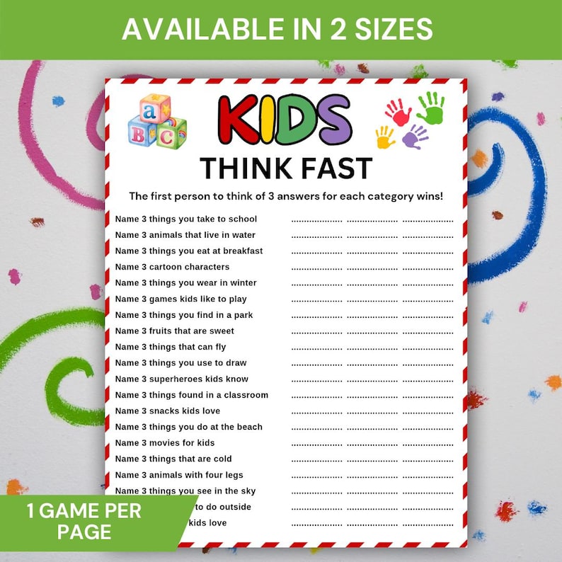 Kids Think Fast Game Printable, Fun Think Quick Game for Kids, Kids ...