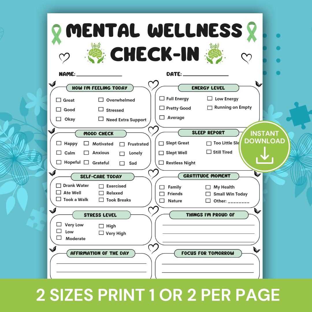 Mental Wellness Check In Printable, Daily Mental Health Tracker, Self Care Journal Page, Mood Tracker Worksheet, Therapy Resource PDF