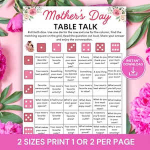 Juego de mesa para el Día de la Madre, juego para iniciar conversaciones con mamá, actividad para romper el hielo en familia, juego para la fiesta del Día de la Madre, juego de dados imprimible