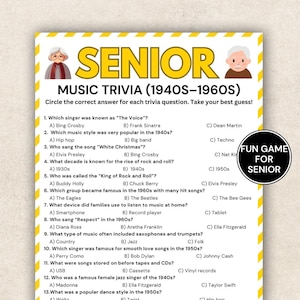 May include: A yellow and white trivia game for seniors, featuring questions about music from the 1940s-1960s. The game includes multiple-choice questions about singers, music styles, and popular songs. The text "FUN GAME FOR SENIOR" is also visible.