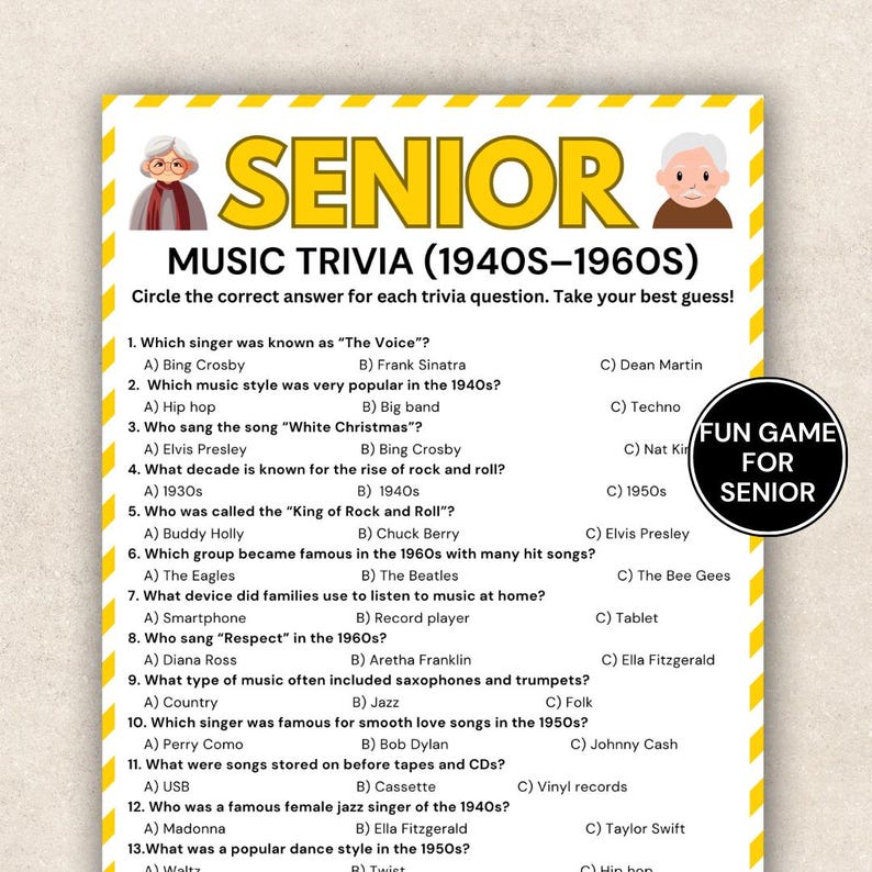 May include: A yellow and white trivia game for seniors, featuring questions about music from the 1940s-1960s. The game includes multiple-choice questions about singers, music styles, and popular songs. The text "FUN GAME FOR SENIOR" is also visible.