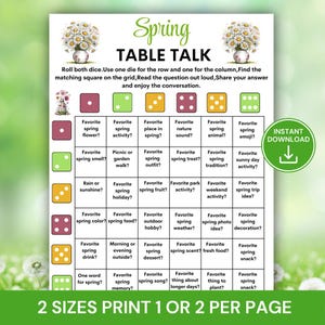 Puede incluir: Un juego imprimible de Spring Table Talk con una cuadrícula de preguntas sobre actividades, comida y naturaleza de primavera. El juego incluye instrucciones y una sección para descarga instantánea. El título está en escritura verde con detalles florales.