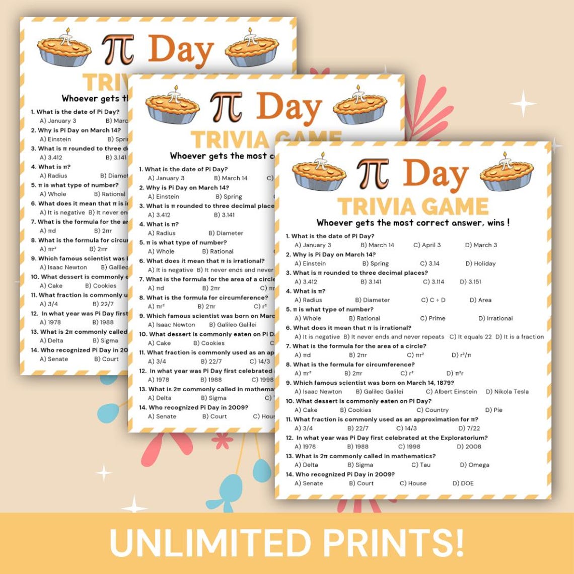 Pi Day Trivia Game Printable, Math Classroom Pi Day Quiz, March 14 ...