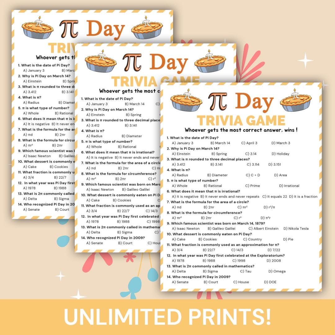 Pi Day Trivia Game Printable, Math Classroom Pi Day Quiz, March 14 ...