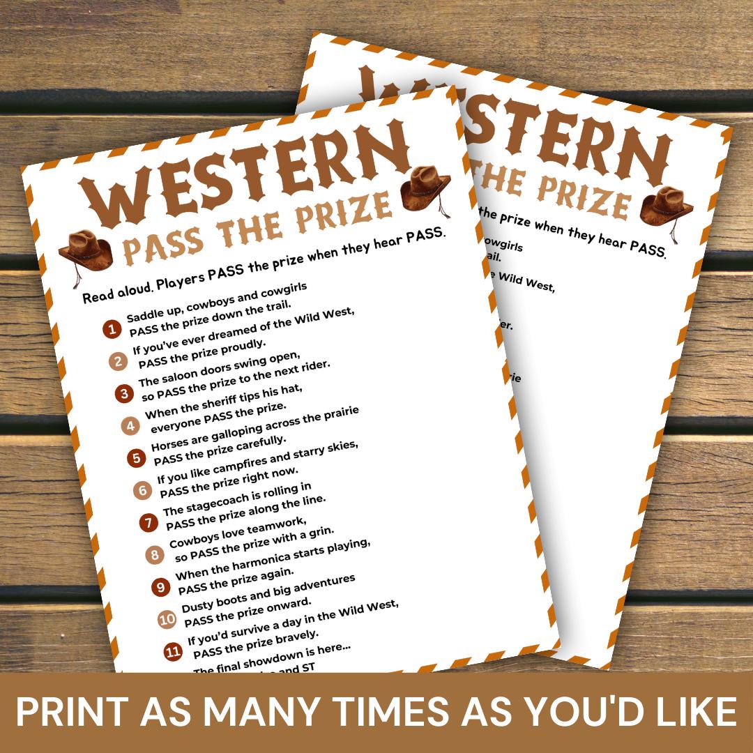 Cowboy Pass the Prize Game, Printable Cowboy Birthday Party Game for ...