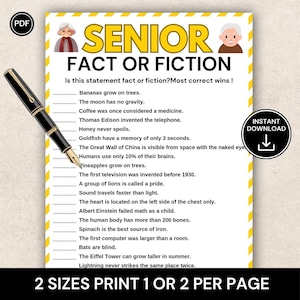 Può includere: Un gioco PDF stampabile intitolato "Senior Fact or Fiction" con un design giallo e bianco. Il gioco include un elenco di affermazioni per determinare se sono vere o false. Una penna nera è sul lato sinistro dell'immagine.