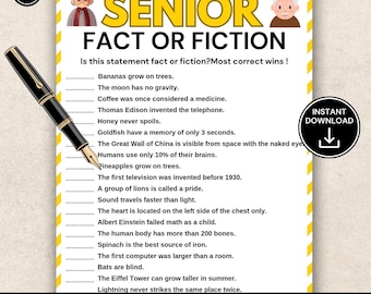 Puede incluir: Un juego PDF imprimible titulado "Senior Fact or Fiction" con un diseño amarillo y blanco. El juego incluye una lista de afirmaciones para determinar si son verdaderas o falsas. Un bolígrafo negro está en el lado izquierdo de la imagen.