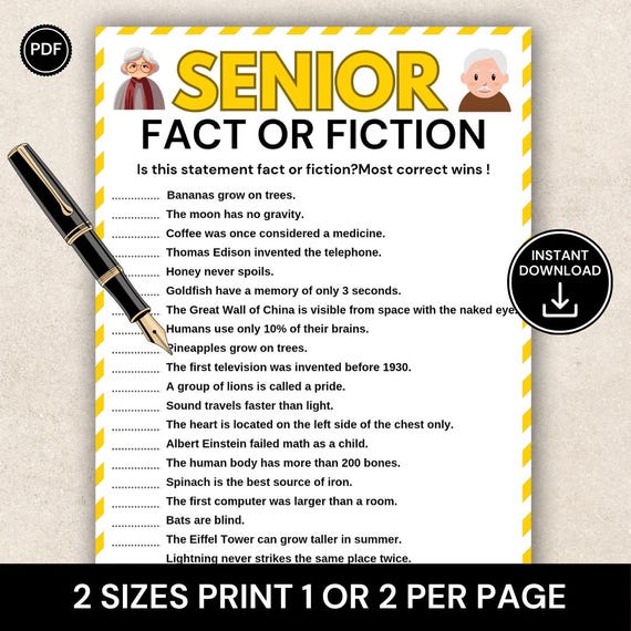 Fact or Fiction Game, Games for Senior Citizens, Elderly Games, Seniors Memory Game, Senior Party Game, Brain Games for Seniors
