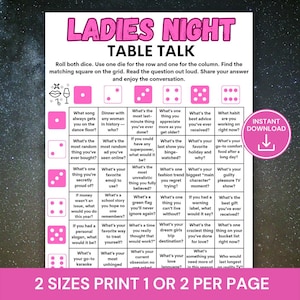 May include: A pink and white Ladies Night Table Talk game with dice and conversation prompts. The game includes questions like "What song always gets you on the dance floor?" and "What's your favorite emoji to use?" The game is available in two sizes.