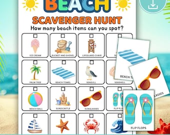 Strandspeurtochtspel, afdrukbare strandschattenjacht, zomerstrandactiviteit voor kinderen, familievakantiespel, strandfeestspel