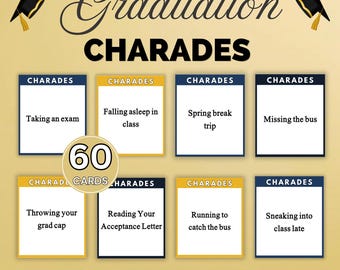 Juego de mímica para graduación imprimible, 60 tarjetas, juego para fiesta de graduación, actividad para fiesta de graduación, juego para celebración de último año, rompehielos para la graduación.