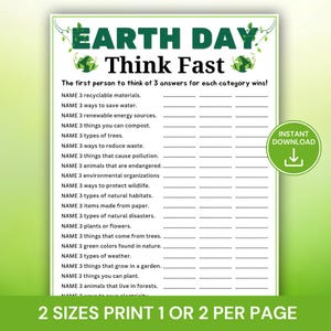 Könnte beinhalten: Ein druckbares Earth Day-Spiel mit dem Titel "Earth Day Think Fast" in Grün und Weiß. Das Spiel enthält Kategorien wie recycelbare Materialien, Möglichkeiten, Wasser zu sparen, und gefährdete Tiere. Auf der rechten Seite befindet sich ein grüner "Sofort-Download"-Button.