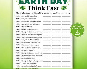Earth Day Think Fast Game, Printable Earth Day Party Game for Kids & Adults, Environmental Trivia Game, Classroom Earth Day Activity
