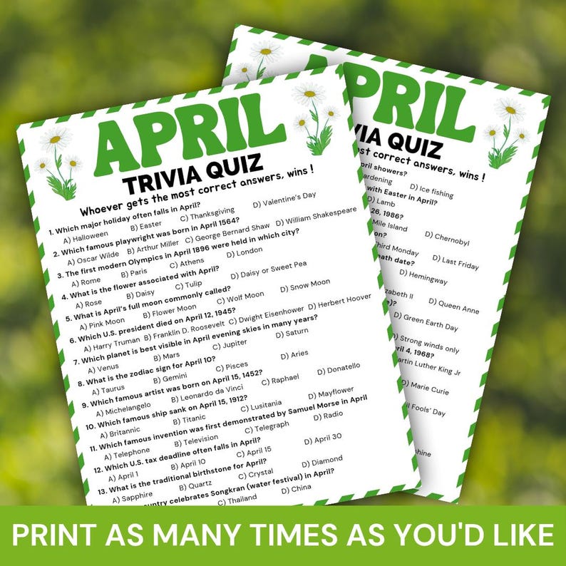 April Trivia Game Printable, Spring Trivia Quiz Game, Easter Party Game ...