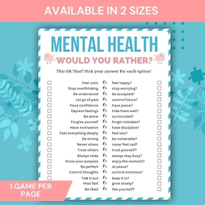 Może przedstawiać: Gra "Mental Health Would You Rather" w kolorze morskim i białym. Gra zawiera listę pytań z dwiema opcjami do wyboru. Tekst "AVAILABLE IN 2 SIZES" znajduje się na g&oacute;rze. Tekst "1 GAME PER PAGE" znajduje się na dole.