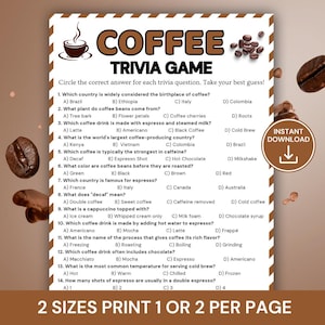 Pode incluir: Uma folha de jogo de trivia sobre café em papel branco com bordas castanhas, apresentando um ícone de chávena de café, catorze perguntas de escolha múltipla sobre café e um emblema circular com a inscrição INSTANT DOWNLOAD e uma seta.