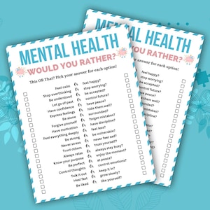 Może przedstawiać: Dwa arkusze do wydruku dotyczące zdrowia psychicznego z tekstem "Mental Health Would You Rather?" w kolorze jasnoniebieskim. Arkusze zawierają listę opcji do wyboru, takich jak "Czujesz się spokojny czy szczęśliwy?"