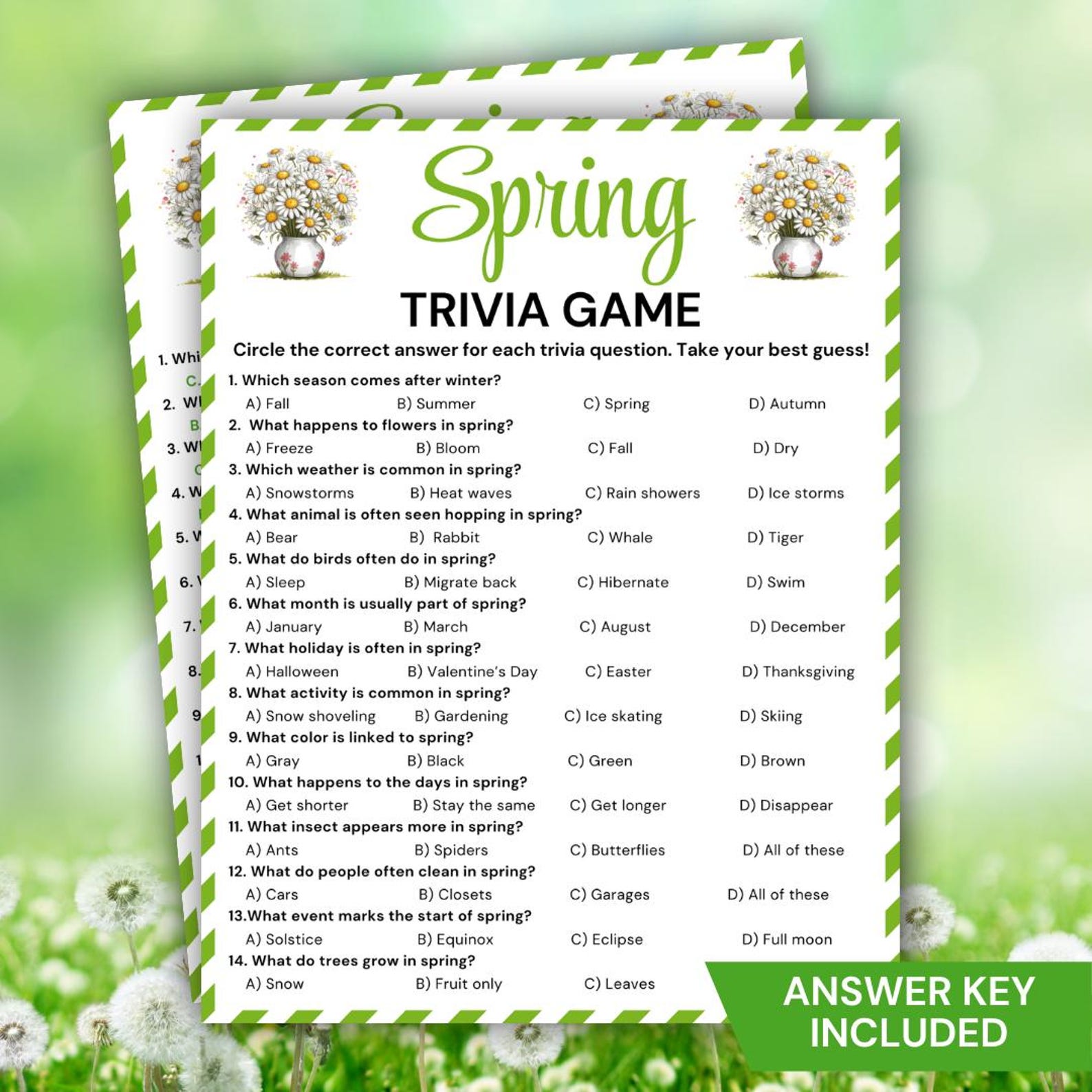 Spring Quiz Worksheet Spring Trivia Game, Printable Spring Trivia Quiz for Kids & Adults, Fun ...