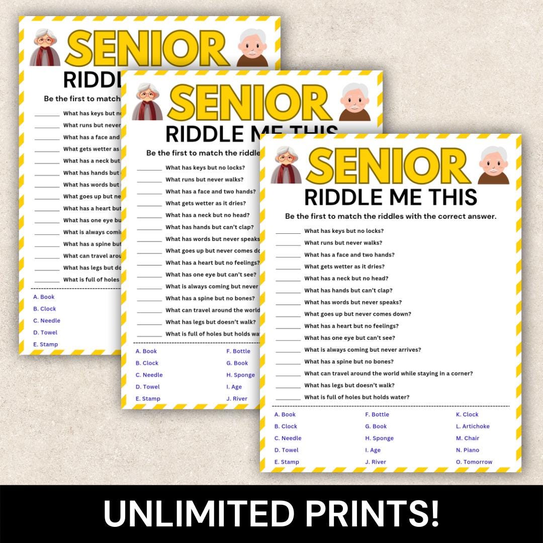 Senior Riddle Printabl Senior Riddle Game, Riddle Me This Matching Game, Brain Teaser Game for ...