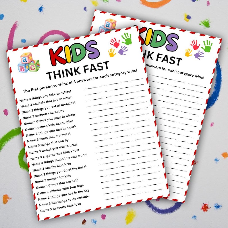 Kids Think Fast Game Printable, Fun Think Quick Game for Kids, Kids ...