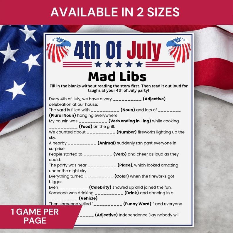 4th of July Mad Libs Game Printable, Fourth of July Party Game ...