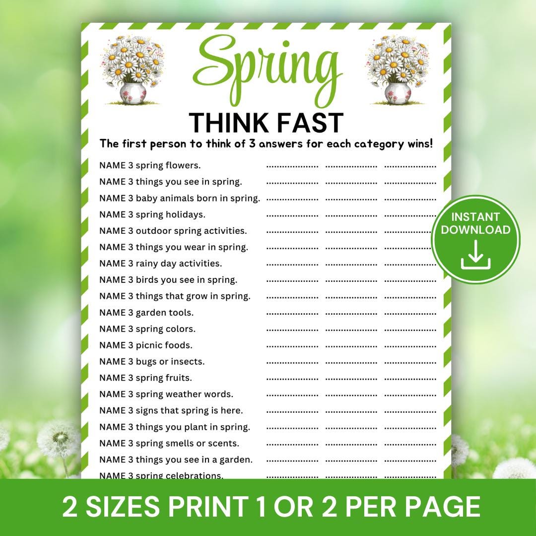 Spring Think Fast Game Printable, Spring Party Game, Fun Spring Trivia ...