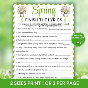 Puede incluir: Un juego imprimible con temática de primavera titulado "FINISH THE LYRICS". El diseño es verde y blanco, con adornos florales y indicaciones para completar letras de canciones. Incluye un botón de "DESCARGA INSTANTÁNEA" y el texto "2 TAMAÑOS IMPRIMIR 1 O 2 POR PÁGINA".