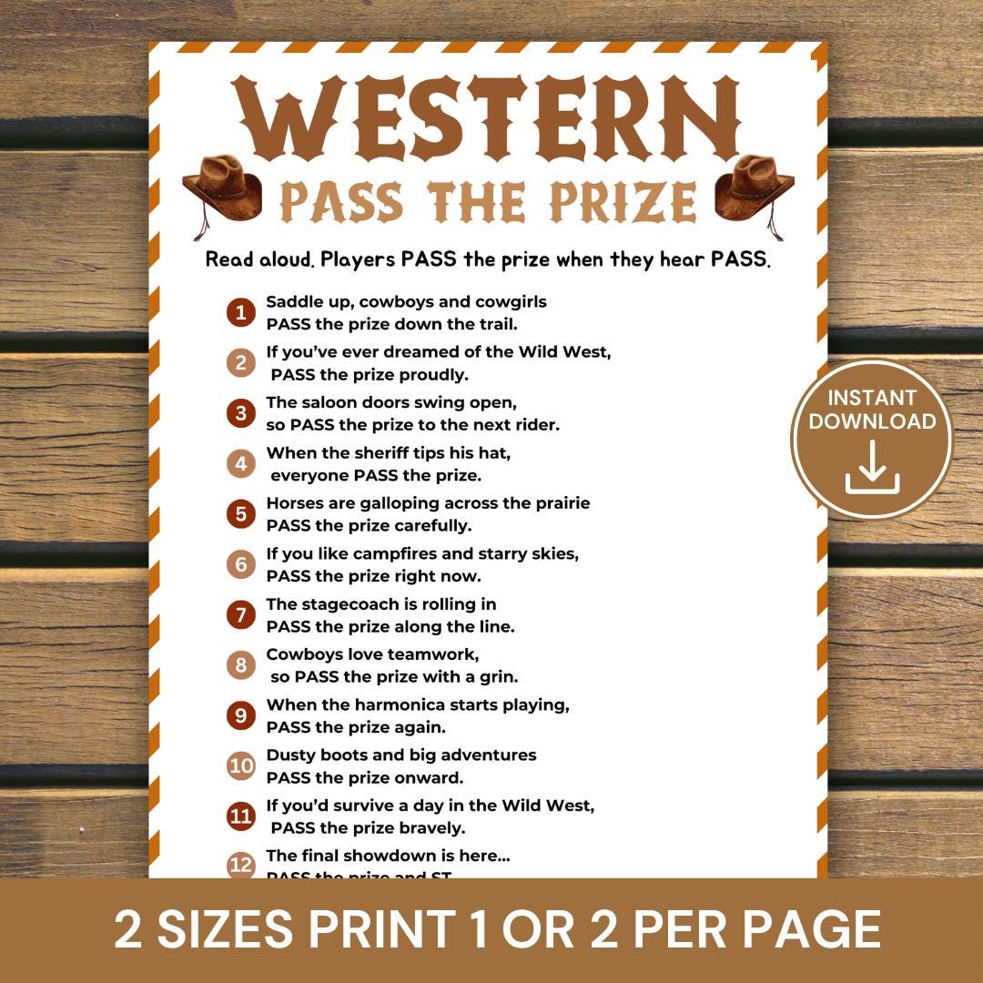 Cowboy Pass the Prize Game, Printable Cowboy Birthday Party Game for ...