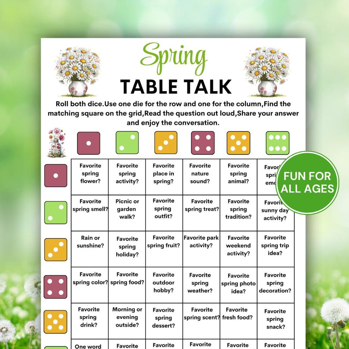 Spring Picture Talk Spring Table Talk Dice Game, Spring Conversation Starter Game, Spring ...