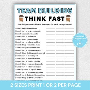 Puede incluir: Una hoja de juego de trabajo en equipo blanca con bordes azules, que presenta el texto TEAM BUILDING THINK FAST, dos ilustraciones de tazas de café y una lista de preguntas que requieren tres respuestas cada una, con un icono de descarga azul.