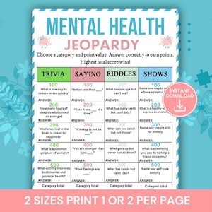 Pode incluir: Um jogo de Jeopardy sobre saúde mental para imprimir, com categorias como Trivia, Saying, Riddles e Shows. O tabuleiro do jogo apresenta valores de pontos e perguntas. Contém o texto "INSTANT DOWNLOAD".