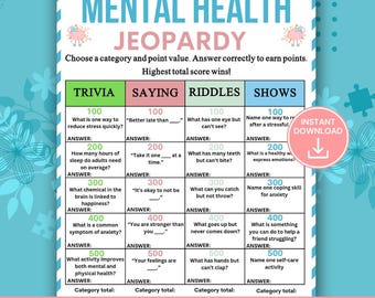 Mental Health Jeopardy Game Printable, Wellness Trivia Game, Therapy Group Activity, Classroom Mental Health Game, Counseling Icebreaker