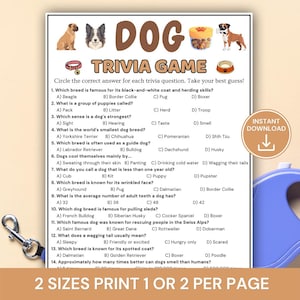 May include: A printed dog trivia game sheet featuring the title DOG TRIVIA GAME, illustrations of various dog breeds, a treat jar, a collar, and a bowl. The sheet contains fourteen multiple-choice questions about dogs with options A, B, C, and D.