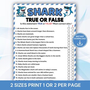 Shark True or False Game Printable, Shark Fact or Fiction Quiz, Shark Week Party Game, Ocean Activity for Kids & Adults, Marine Life Trivia