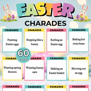 May include: A colorful Easter-themed game with the text "EASTER CHARADES" at the top. The game includes 60 cards with various charade prompts like "Painting Easter eggs" and "Baking hot cross buns". The design features cartoon bunnies and Easter eggs.