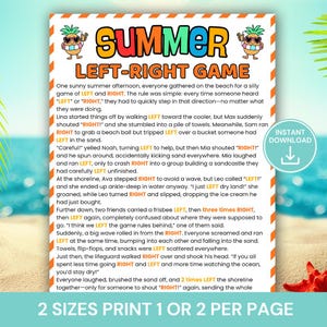 Puede incluir: Una hoja de juego imprimible con temática de verano, Izquierda-Derecha, con una escena de playa. El título "SUMMER LEFT-RIGHT GAME" está en letras coloridas. Las reglas del juego y una historia humorística están impresas debajo, con las palabras "LEFT" y "RIGHT" resaltadas.