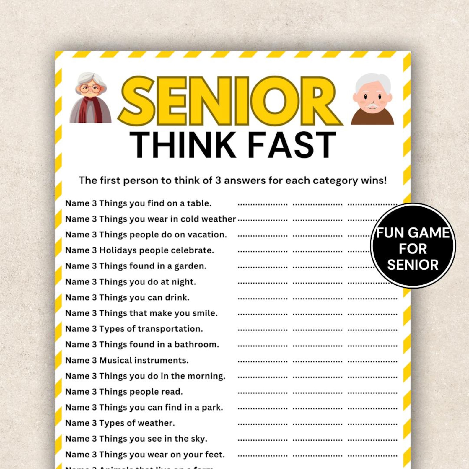 Senior Think Fast Game, Easy Word Game for Seniors, Quick Thinking