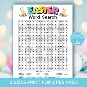 May include: Easter-themed word search puzzle with colorful text and graphics. The puzzle includes words like "Easter," "Bunny," and "Chocolate." The image also includes the text "2 SIZES PRINT 1 OR 2 PER PAGE."