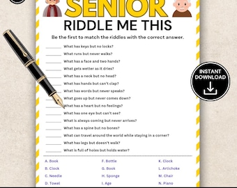 Senior Riddle Game, Riddle Me This Matching Game, Brain Teaser Game for Seniors, Fun Thinking Activity, Printable Senior Game