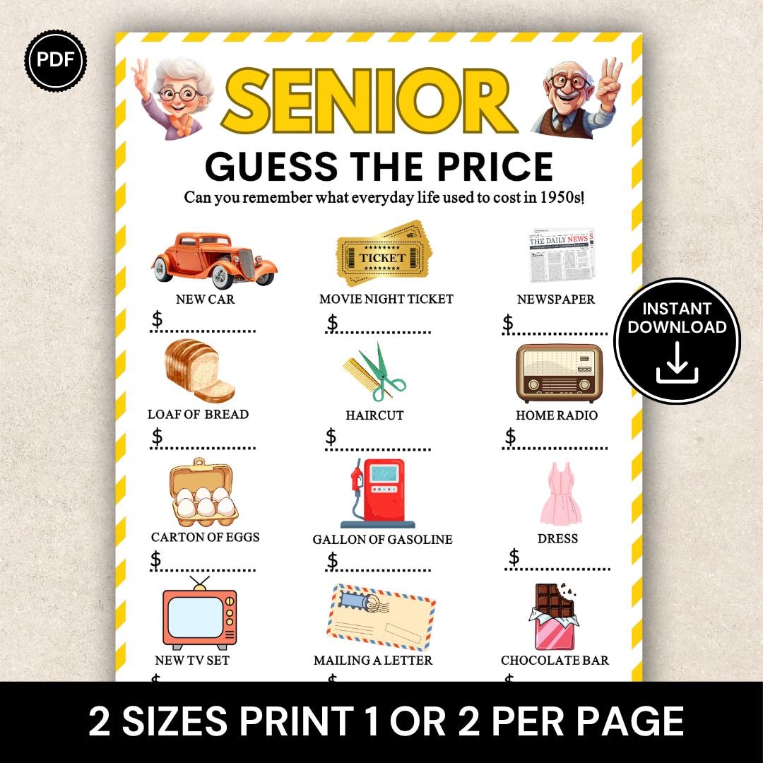 Price Trivia Senior Guess the Price Game, 1950s Prices Trivia Printable, Nostalgia ...