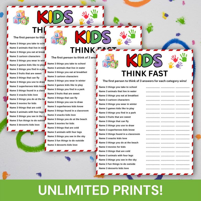 Kids Think Fast Game Printable, Fun Think Quick Game for Kids, Kids ...