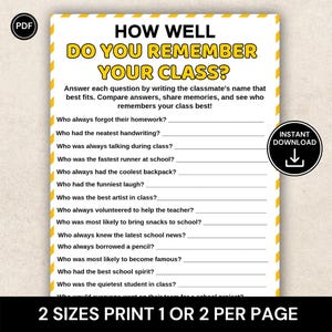 以下が含まれることがあります： HOW WELL DO YOU REMEMBER YOUR CLASS?というタイトルの印刷可能なゲームシートで、黄色と白のストライプの縁取りがあります。ページには、宿題や学校の思い出に関する質問と、クラスメートの名前を記入するための空白の線が記載されています。
