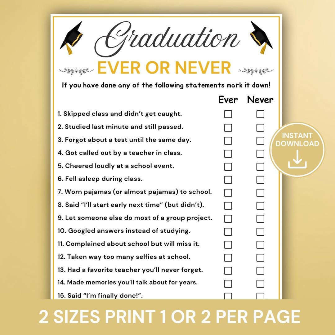 Graduation Ever or Never Game, Grad Party Game, Never Have I Ever ...