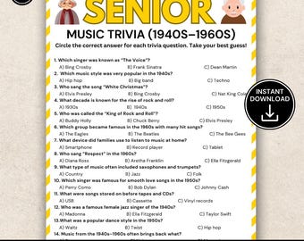 1940s–1960s Music Trivia Game for Seniors, Decades Music Quiz, Senior Citizen Activity, Oldies Trivia, Printable Memory Game