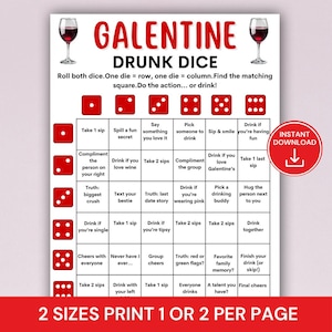 Galentine Drunk Würfelspiel, druckbares Galentine’s Day Trinkspiel für Freunde, lustiges Girls Night Würfelspiel, Wein Nacht Party Spiel