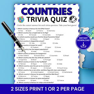 Op de afbeelding: Een afdrukbare Landen Trivia Quiz met meerkeuzevragen. De quiz bevat vragen over beroemde bezienswaardigheden, vlaggen en culturele feiten. Inclusief een zwarte pen en een instant download knop. De tekst luidt "2 MATEN PRINT 1 OF 2 PER PAGINA".