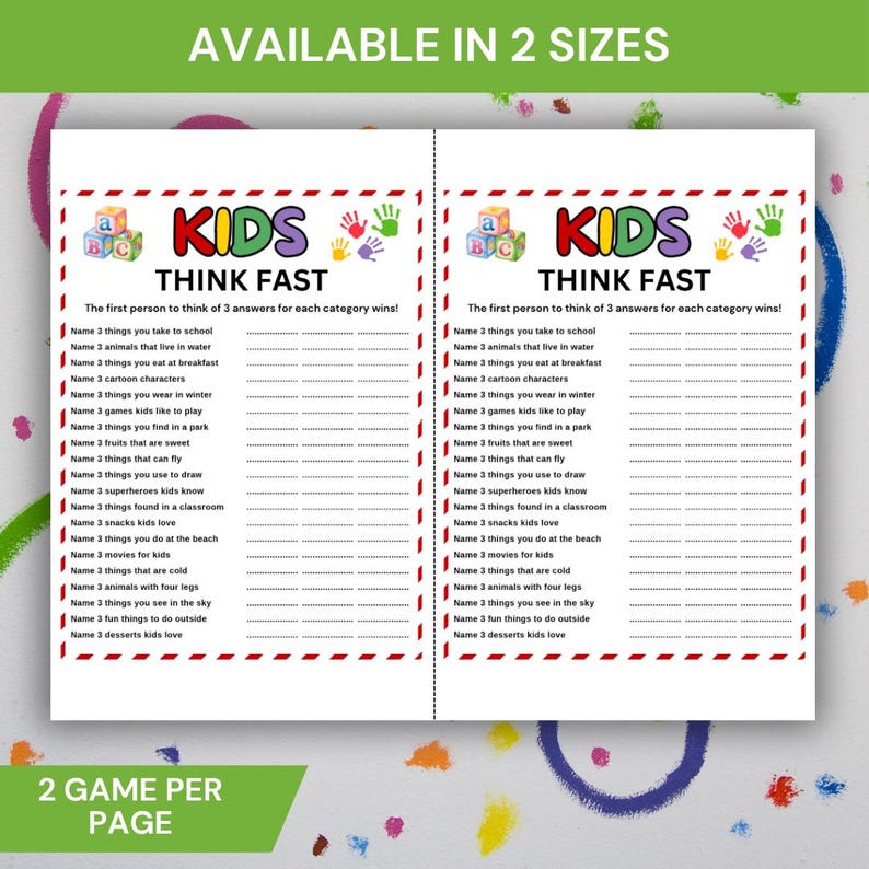 Kids Think Fast Game Printable, Fun Think Quick Game for Kids, Kids ...