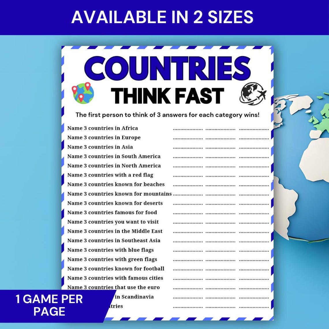 Countries Think Fast Game, Printable Geography Game for Kids & Adults ...